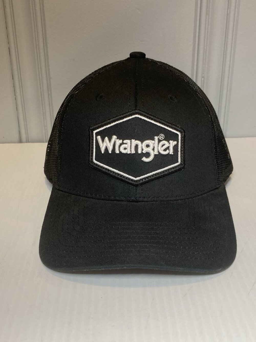 Wrangler Mesh Back Trucker Hat Cap Black Logo Western Style SnapBack